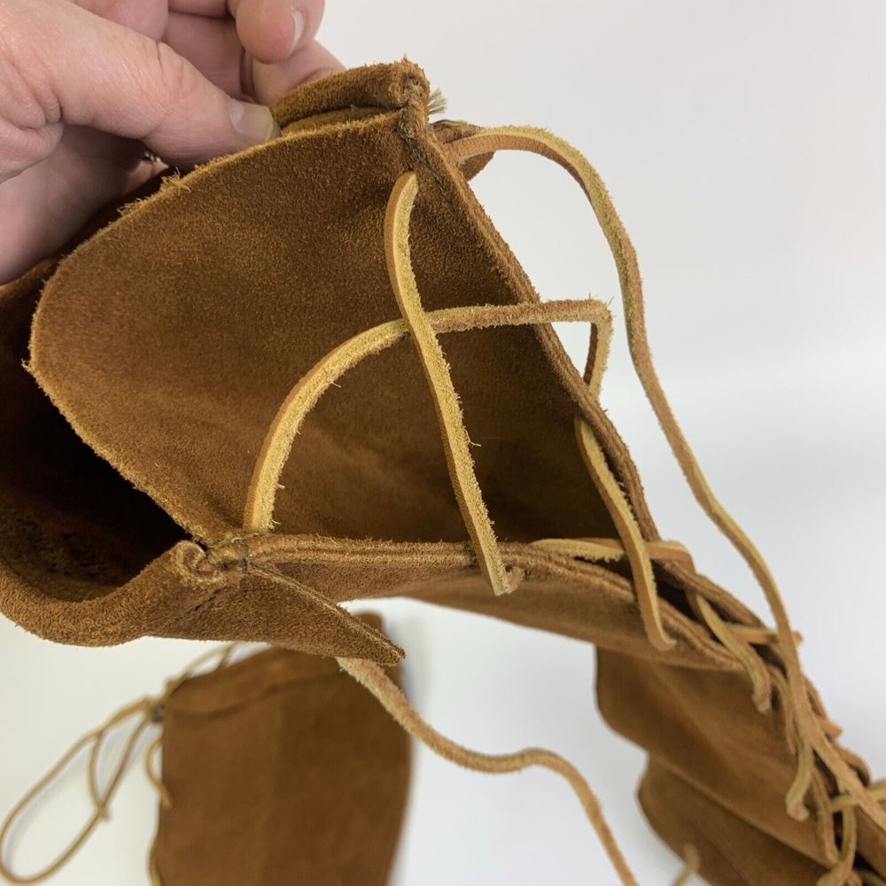 Minnetonka Tan Suede Front Lace Up Tall Boots Tan Fringe Removed 7422 Womens 7 - Picture 7 of 14